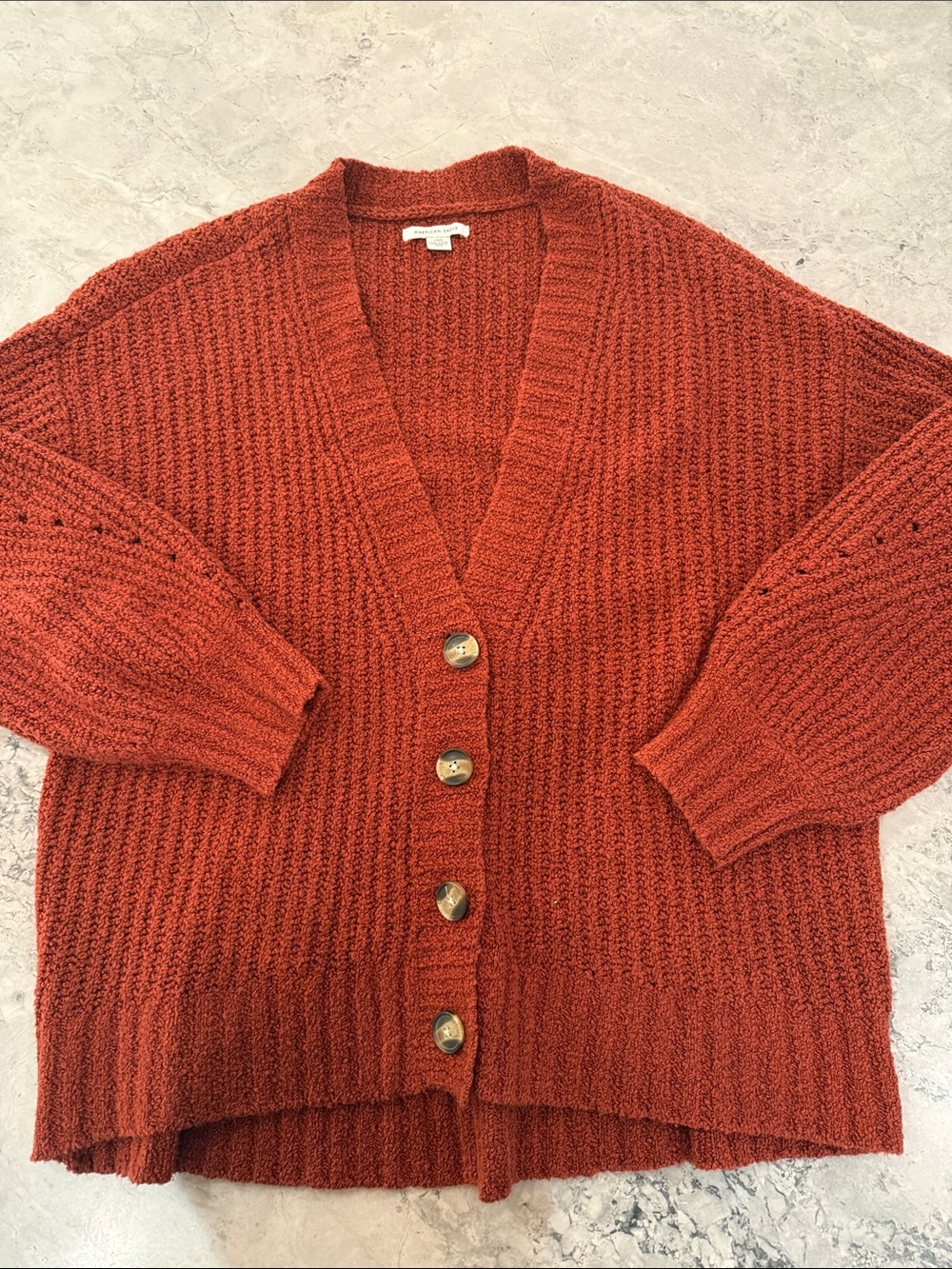 American Eagle Outfitters Rust-Orange Chunky V-Neck Button Cardigan